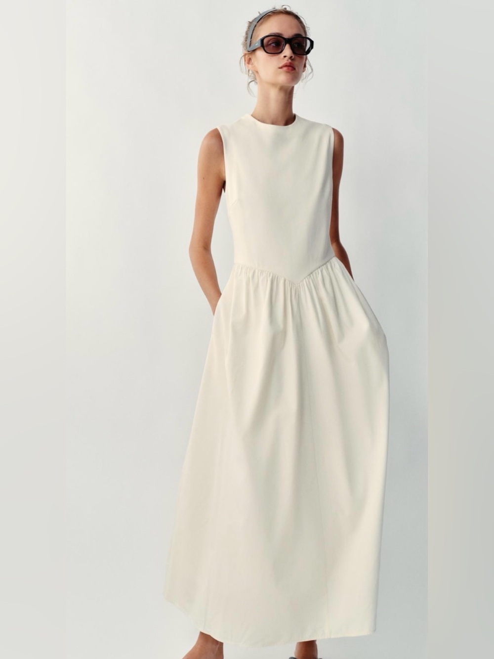 Zara Cream Sleeveless Maxi Dress with Gathered Waist
